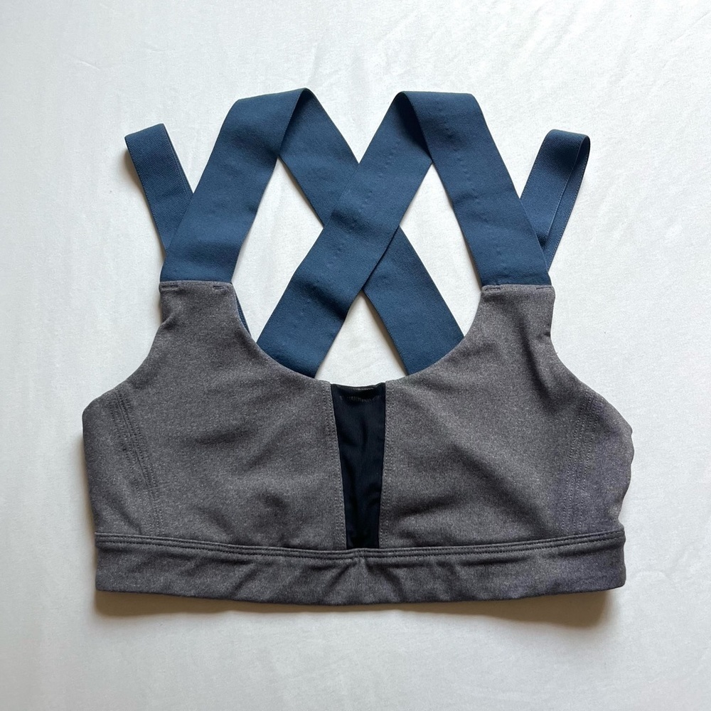 ALO YOGA grey mesh insert contrast strap cropped sports bra tank top